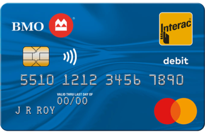 Image of B M O debit cards featuring the Mastercard and Interac logos