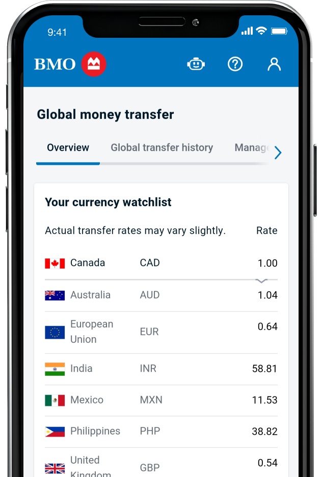 Screenshot of banking mobile app using real time exchange rates for global transfers