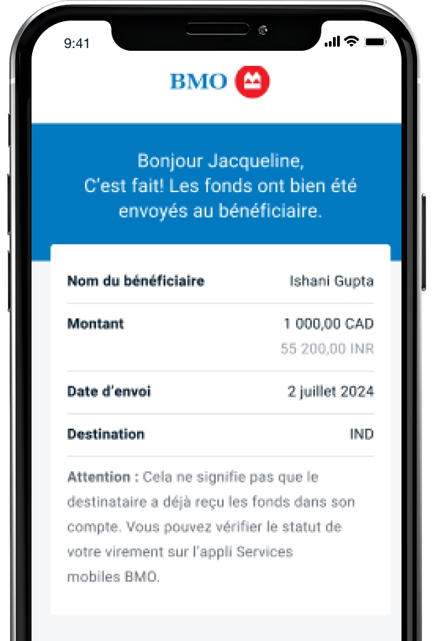 Capture d’écran du suivi de l’état d’un virement du service Virement de fonds global B M O dans l’appli Services mobiles B M O