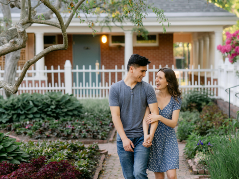 A couple smile and hold hands as they walk in front of their new home