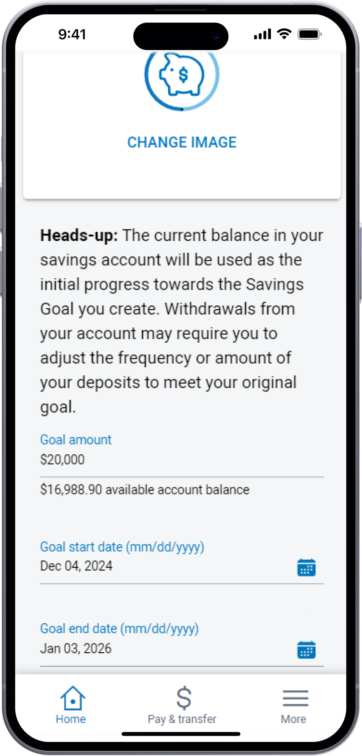 Screenshot of mobile banking app, displaying the Savings Goals feature