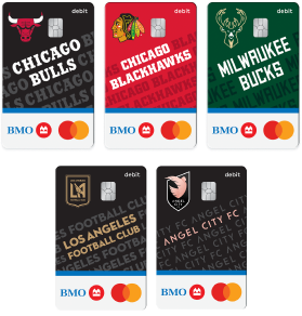 Image shows five B M O team debit cards. Each card has a different design and colour scheme to depict one sports team, including the Chicago Bulls, the Chicago Blackhawks, the Milwaukee Bucks, the Los Angeles Football Club, and the Angel City Football Club